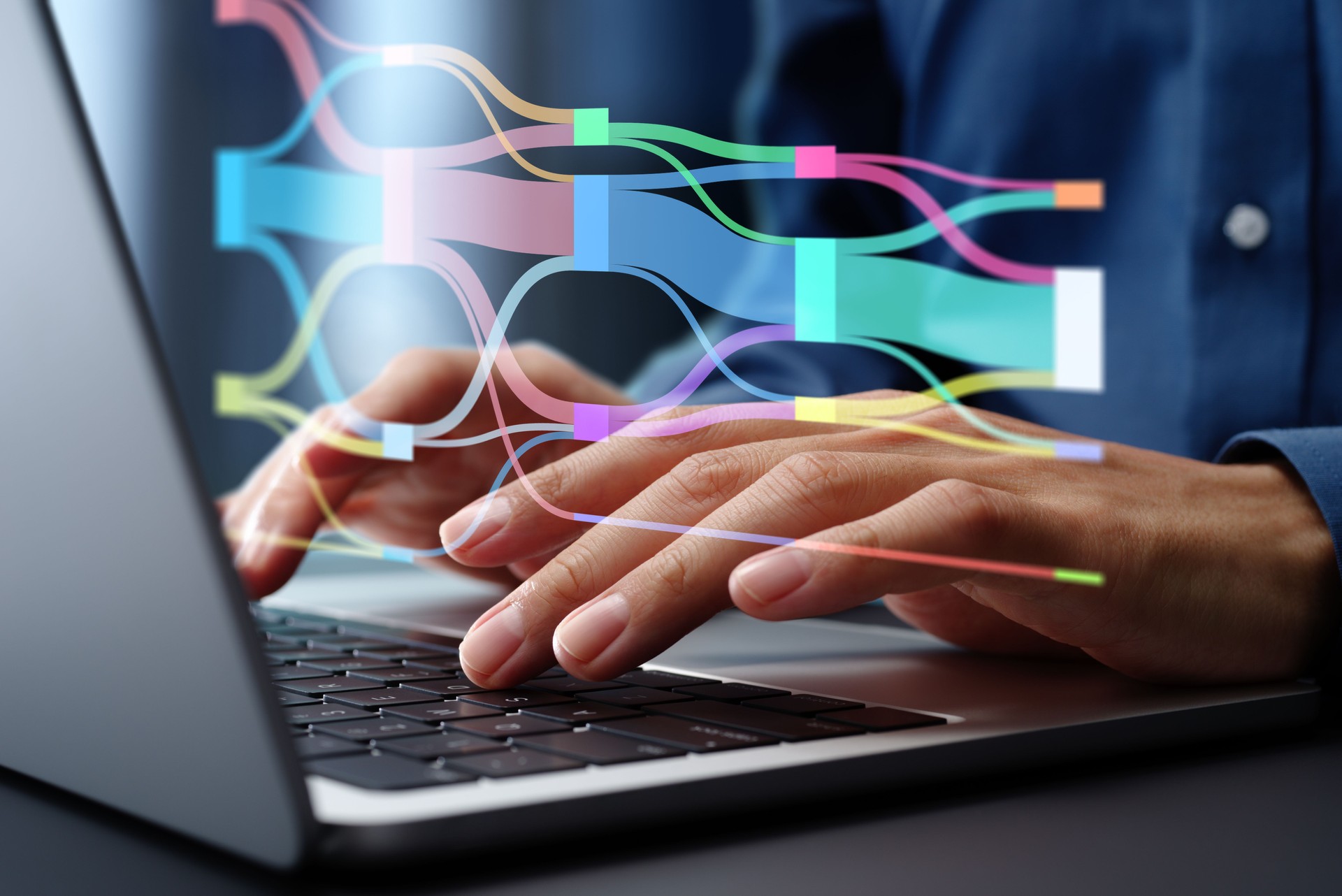Path analysis and sankey diagram. Customer behavior data visualization and process flow chart. Analyst using laptop computer to analyze data.