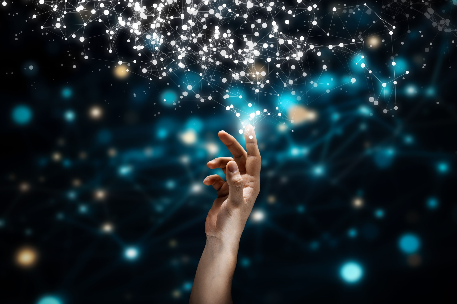 Hand Reaching Toward Digital Network of Connected Nodes and Light Points