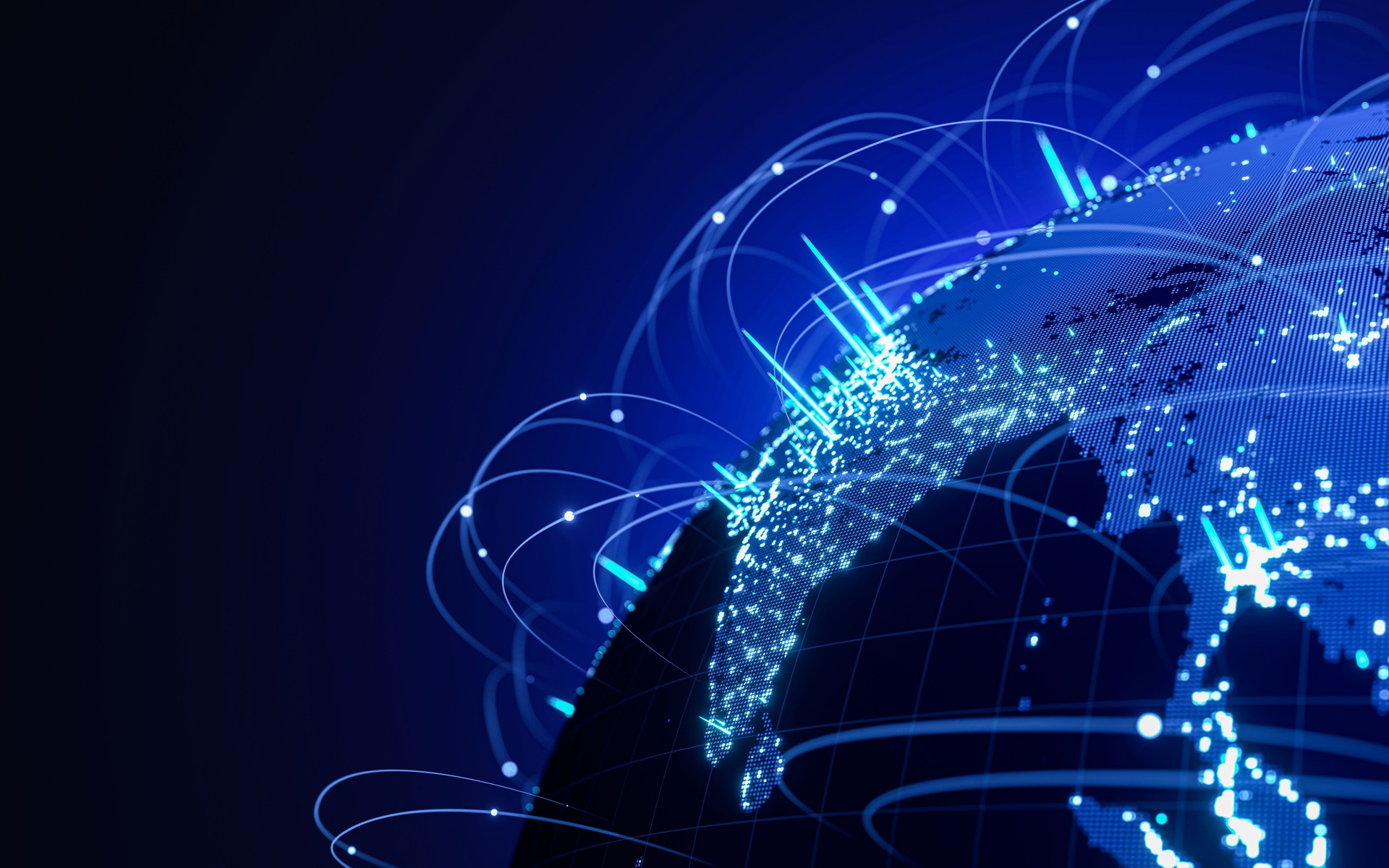 Digital Earth globe cyberspace with data flowing neon light stripe. global network communication technology in modern digital age world, hologram dot particle background with copy space. 3D Rendering